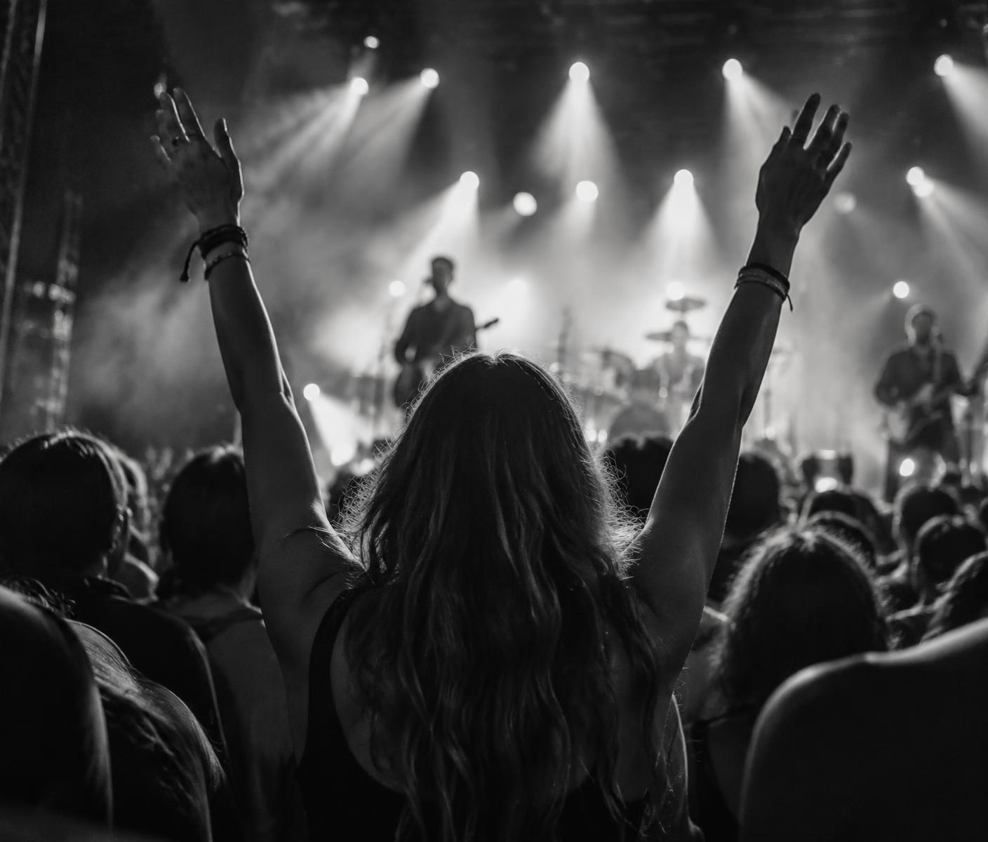 Concertgoer raising both hands toward the stage